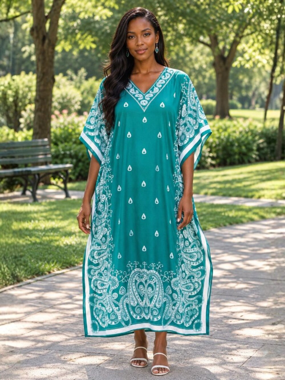 Paisley Printed Turquoise Polyester Kaftan Dress for Women by Gypsie Blu